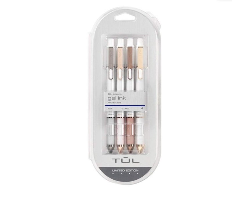 TUL Retractable Gel Pens, Limited Edition, Sunset Shades, Medium Point, 0.7 mm, Pearl White Barrel, Blue Ink, Pack of 4 - Image 1